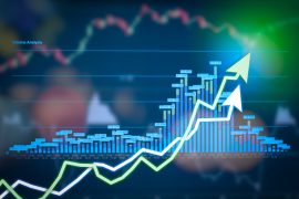 Stock market digital graph chart on LED display concept. A large display of daily stock market price and quotation. Indicator financial forex trade education background.